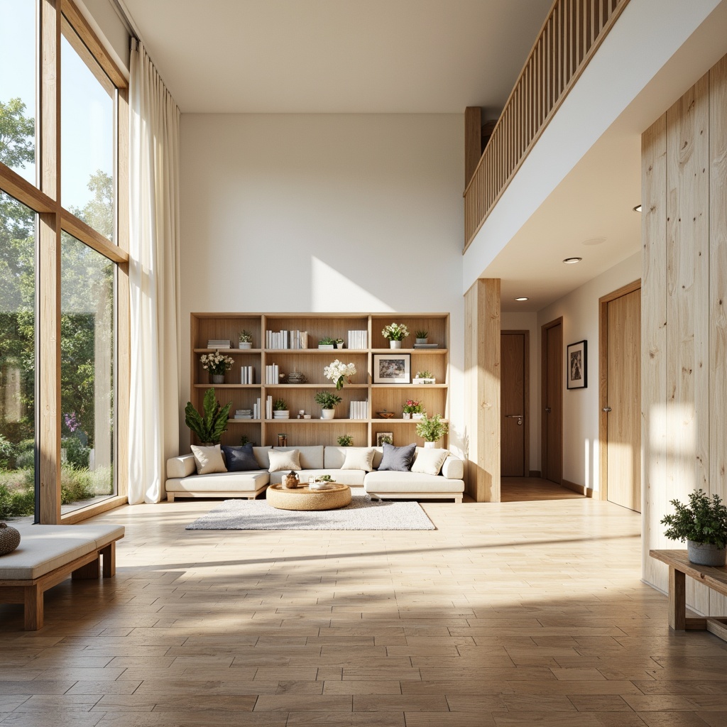 Prompt: Minimalist interior, open-plan living area, large windows, natural light flooding, wooden flooring, light-colored walls, sparse furniture arrangement, functional decor, cozy reading nook, built-in shelving, organic textures, soft pastel colors, airy atmosphere, relaxed ambiance, 1/1 composition, shallow depth of field, warm softbox lighting.