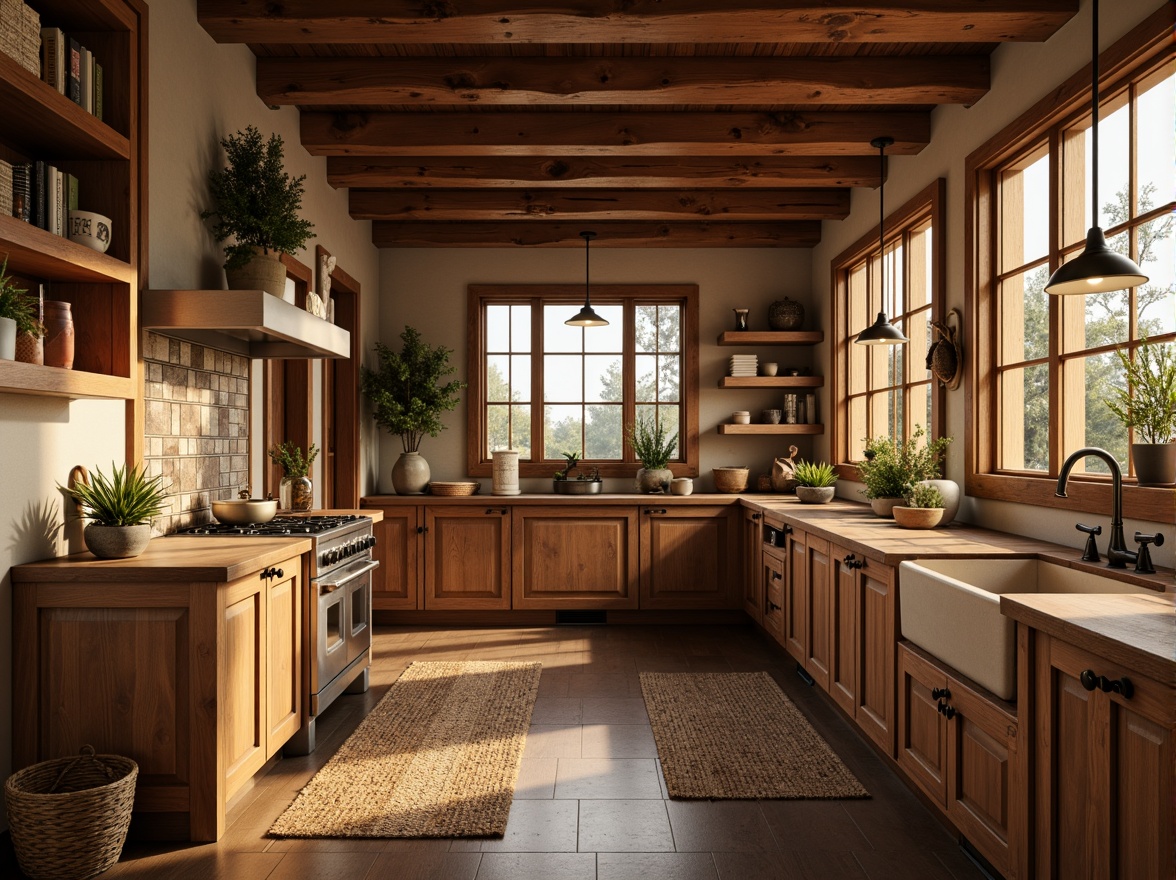 Prompt: Rustic kitchen, wooden cabinetry, earthy tones, natural textures, handcrafted details, ornate metal hardware, warm golden lighting, traditional craftsmanship, classic Shaker style, rectangular shapes, simple clean lines, functional layout, ample storage space, butcher block countertops, farmhouse sink, pendant lamps, woven textiles, vintage appliances, cozy atmosphere, soft focus, 1/1 composition, natural materials, realistic wood grains.