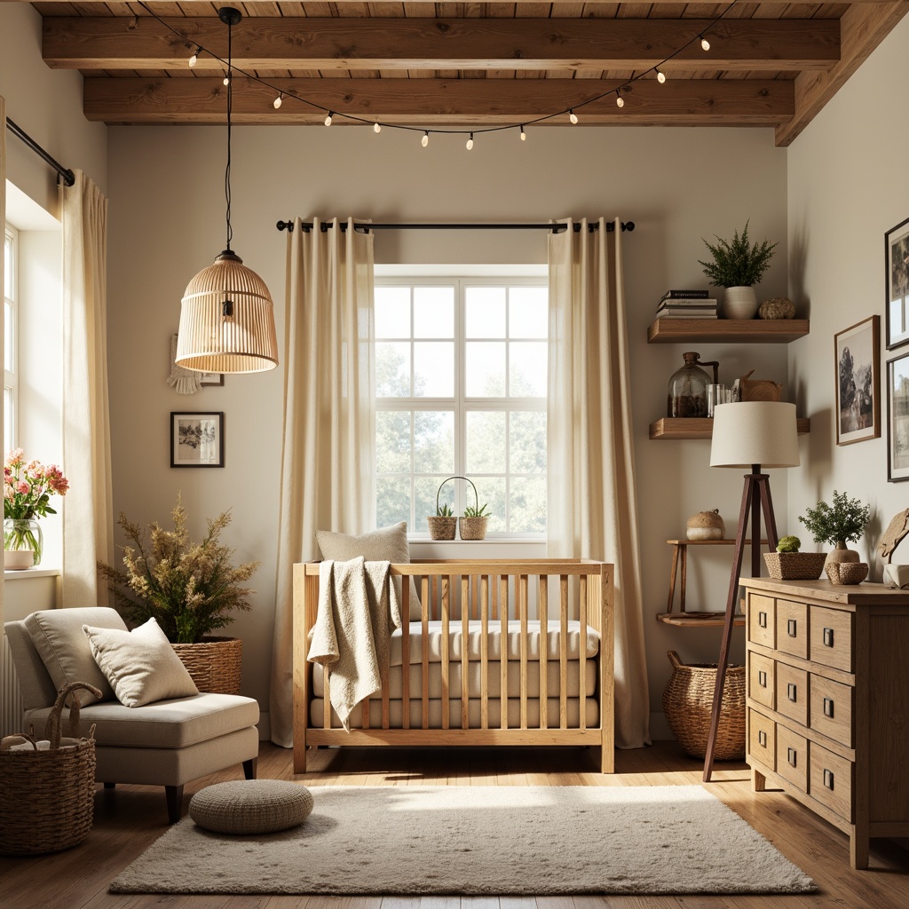 Prompt: Cozy nursery, warm wooden accents, soft cream colors, vintage craftsmanship, rustic decorative trims, distressed wood furniture, earthy tone walls, plush area rugs, natural textiles, woven baskets, table lamps with linen shades, floor lamps with burlap shades, string lights with paper lanterns, warm white lighting, softbox illumination, 1/2 composition, intimate atmosphere, realistic wood textures, subtle ambient occlusion.