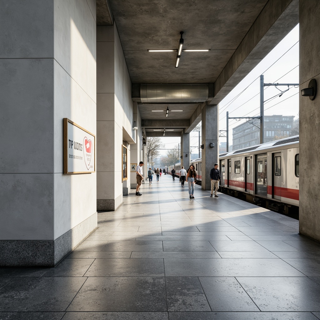 Prompt: Sleek train station interior, minimalist wall finishes, industrial-chic concrete, matte white paint, subtle grey accents, modern LED lighting, stainless steel fixtures, polished marble floors, geometric patterned tiles, urban aesthetic, bustling atmosphere, rush hour crowds, morning commute, natural light pouring in, soft shadows, shallow depth of field, 1/2 composition, realistic textures, ambient occlusion.