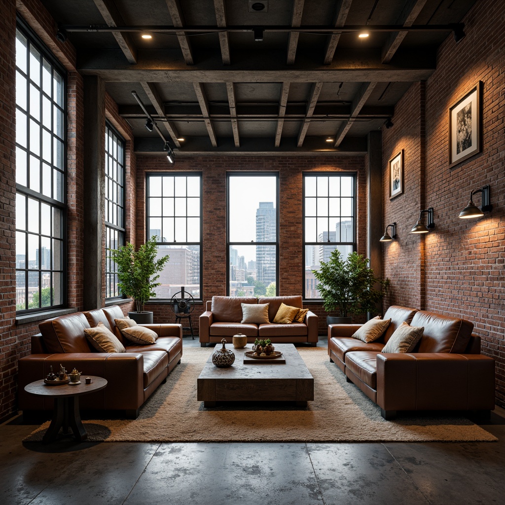 Prompt: Exposed brick walls, metal beams, reclaimed wood accents, industrial-style lighting fixtures, distressed leather sofas, vintage factory machinery, concrete floors, urban cityscape views, gritty textures, moody color palette, dramatic shadows, high ceilings, open space layout, eclectic decorative artifacts, steam punk-inspired elements, metallic tones, abstract art pieces, minimalist decor, functional furniture design.