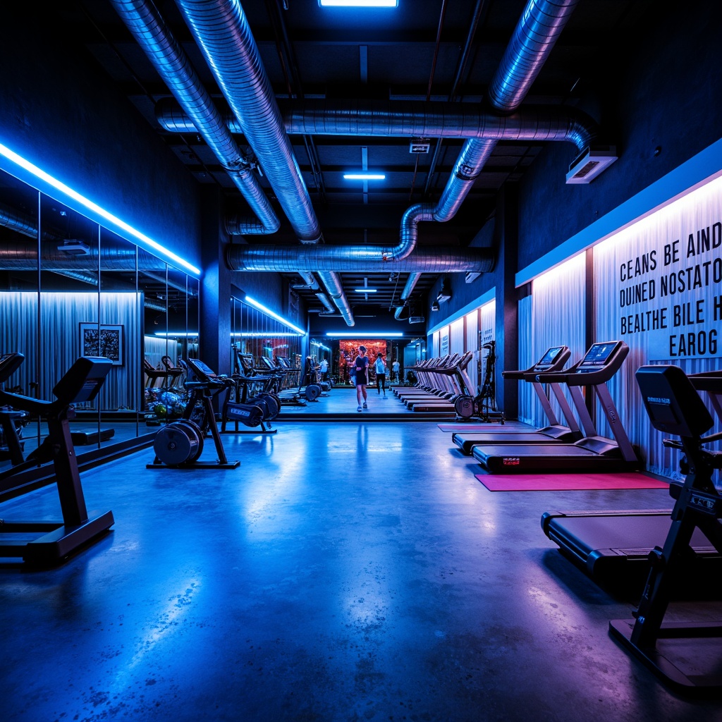 Prompt: High-intensity fitness studio, industrial-chic decor, exposed ductwork, polished concrete floors, mirrored walls, dynamic LED lighting, color-shifting ambiance, energizing blue tones, invigorating bright whites, motivational quotes, sleek metal equipment, modern cardio machines, free weights, yoga mats, sound-absorbing panels, premium sound system, pulsing bass beats, refreshing cool air circulation, 1/1 composition, dramatic spotlights, realistic shadows, ambient occlusion.