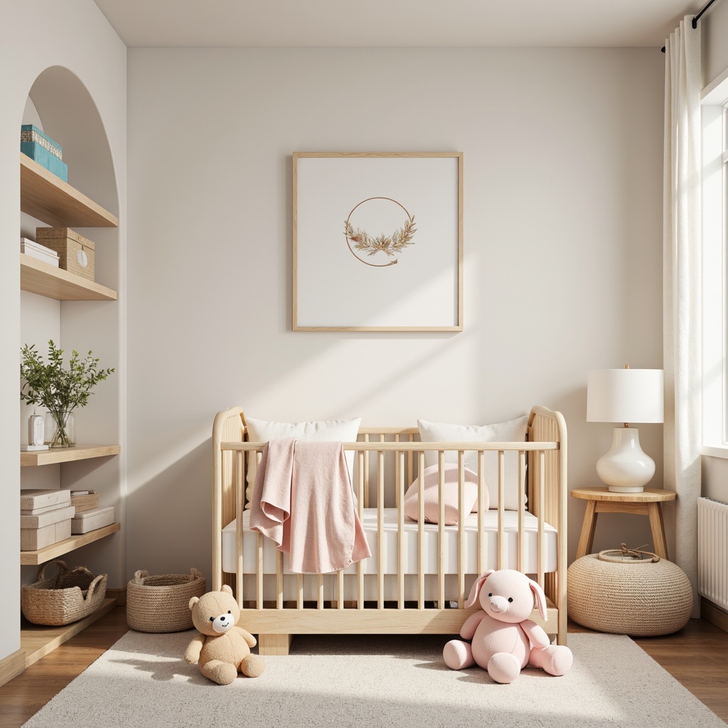 Prompt: Soft pastel hues, creamy whites, warm beige tones, gentle peach accents, soothing light blue undertones, natural wood furniture, plush toys, cozy textiles, floral patterns, delicate lace trim, subtle sheen fabrics, softbox lighting, shallow depth of field, 1/1 composition, warm inviting atmosphere, peaceful nursery setting.