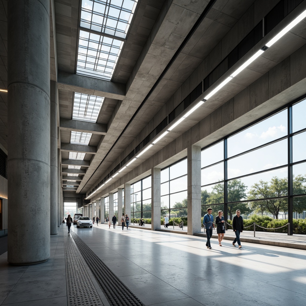 Prompt: Modern train station, sleek concrete walls, minimalist aesthetic, subtle texture variations, neutral color palette, industrial metal accents, LED lighting strips, polished marble floors, geometric patterned ceilings, stainless steel columns, calm atmosphere, natural light pouring in, shallow depth of field, 1/1 composition, realistic reflections, ambient occlusion.