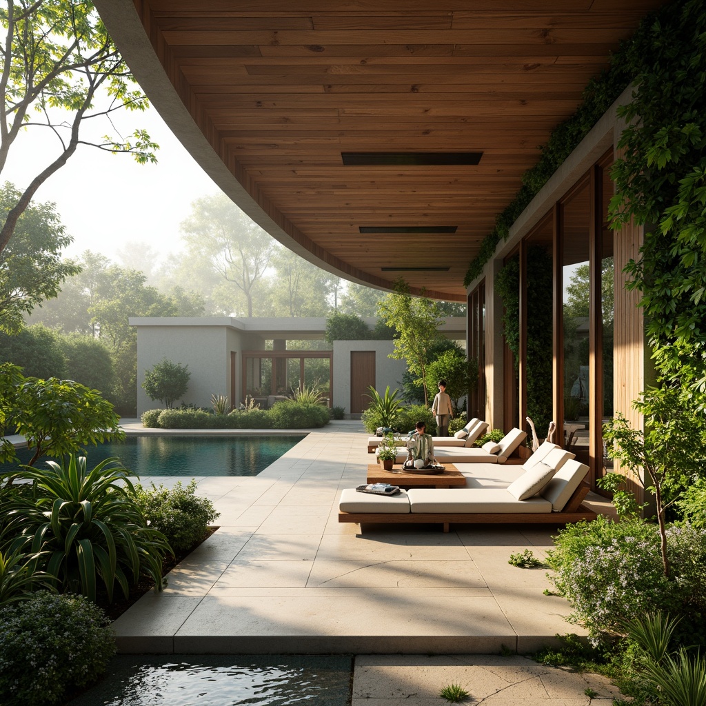 Prompt: Organic modern villa, curved lines, wooden accents, living green walls, lush tropical plants, natural stone flooring, reclaimed wood ceilings, floor-to-ceiling windows, sliding glass doors, serene outdoor spaces, misty morning atmosphere, soft warm lighting, shallow depth of field, 3/4 composition, panoramic view, realistic textures, ambient occlusion.