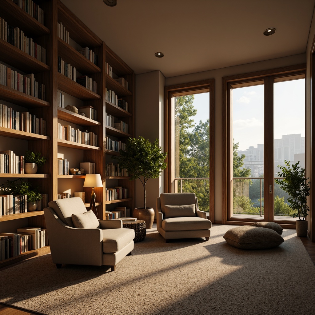 Prompt: Cozy reading nook, sound-absorbing materials, soft plush carpets, calming beige walls, warm wooden bookshelves, comfortable velvet armchairs, quiet floor lamps, subtle natural lighting, peaceful forest scenery, outside cityscape views, triple-glazed windows, acoustic panels, diffused ceiling lights, 1/2 composition, softbox illumination, realistic fabric textures, ambient occlusion.