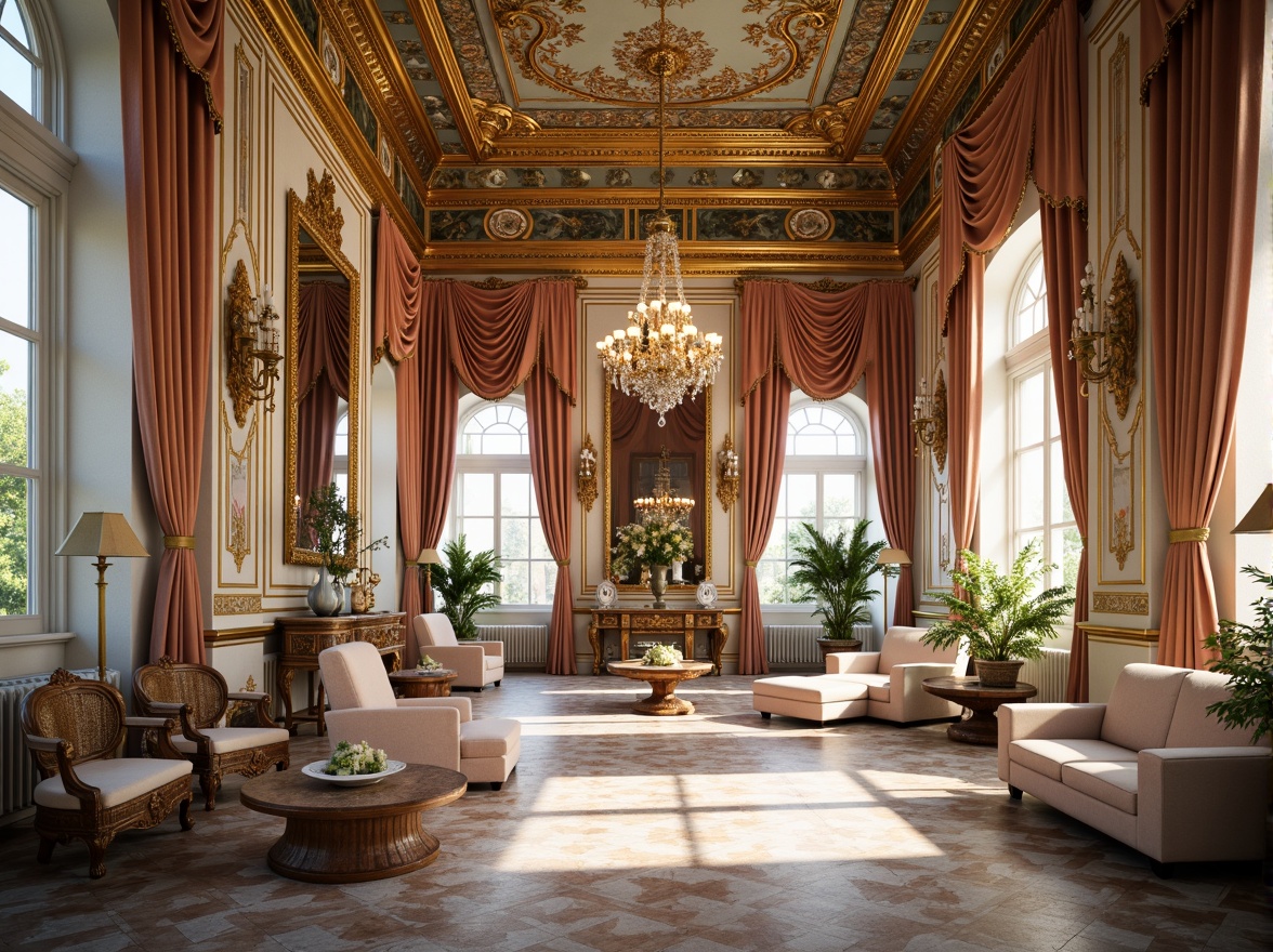 Prompt: Ornate Rococo-style interior, lavish furnishings, intricate tile patterns, ornamental mirrors, gilded accents, soft pastel colors, luxurious fabrics, velvet drapes, carved wooden furniture, Baroque-inspired architecture, grand chandeliers, warm golden lighting, shallow depth of field, 1/2 composition, detailed textures, ambient occlusion.