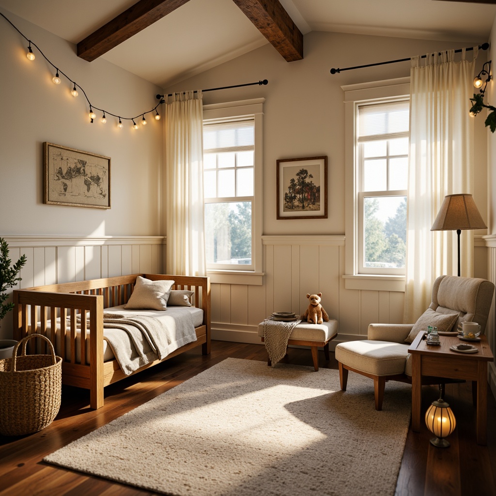 Prompt: Cozy Craftsman-style nursery, warm wooden accents, soft cream-colored walls, vintage-inspired furniture, plush area rug, natural woven basket, delicate lace curtains, creamy white trim, rustic wooden crib, earthy tone bedding, gentle morning light, warm golden lighting, table lamps with linen shades, floor lamp with burlap shade, string lights with paper lanterns, soft focus, shallow depth of field, 1/2 composition, inviting atmosphere.