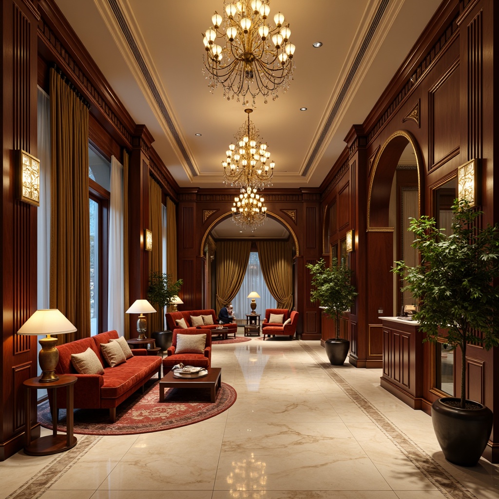 Prompt: Luxurious hotel lobby, elegant chandeliers, rich wood paneling, plush velvet sofas, ornate mirrors, intricate moldings, creamy marble floors, lavish drapery, golden accents, majestic columns, classic architectural details, warm soft lighting, 1/1 composition, shallow depth of field, realistic textures, ambient occlusion.