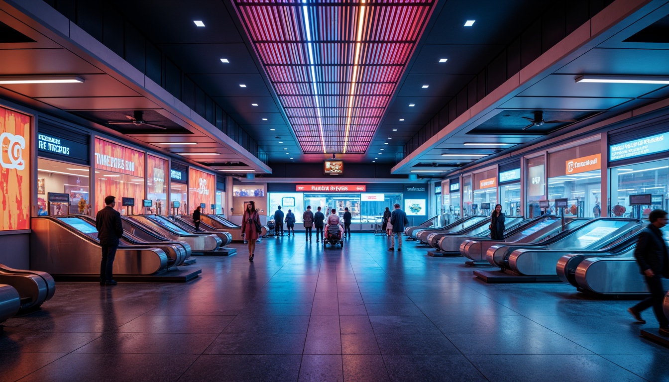 Prompt: Futuristic metro station, sleek modern architecture, vibrant LED lights, neon color schemes, dynamic lighting patterns, futuristic escalators, high-tech ticketing systems, stainless steel handrails, polished granite floors, urban cityscape, rush hour atmosphere, soft warm glow, shallow depth of field, 1/2 composition, low-angle shot, realistic reflections, ambient occlusion.