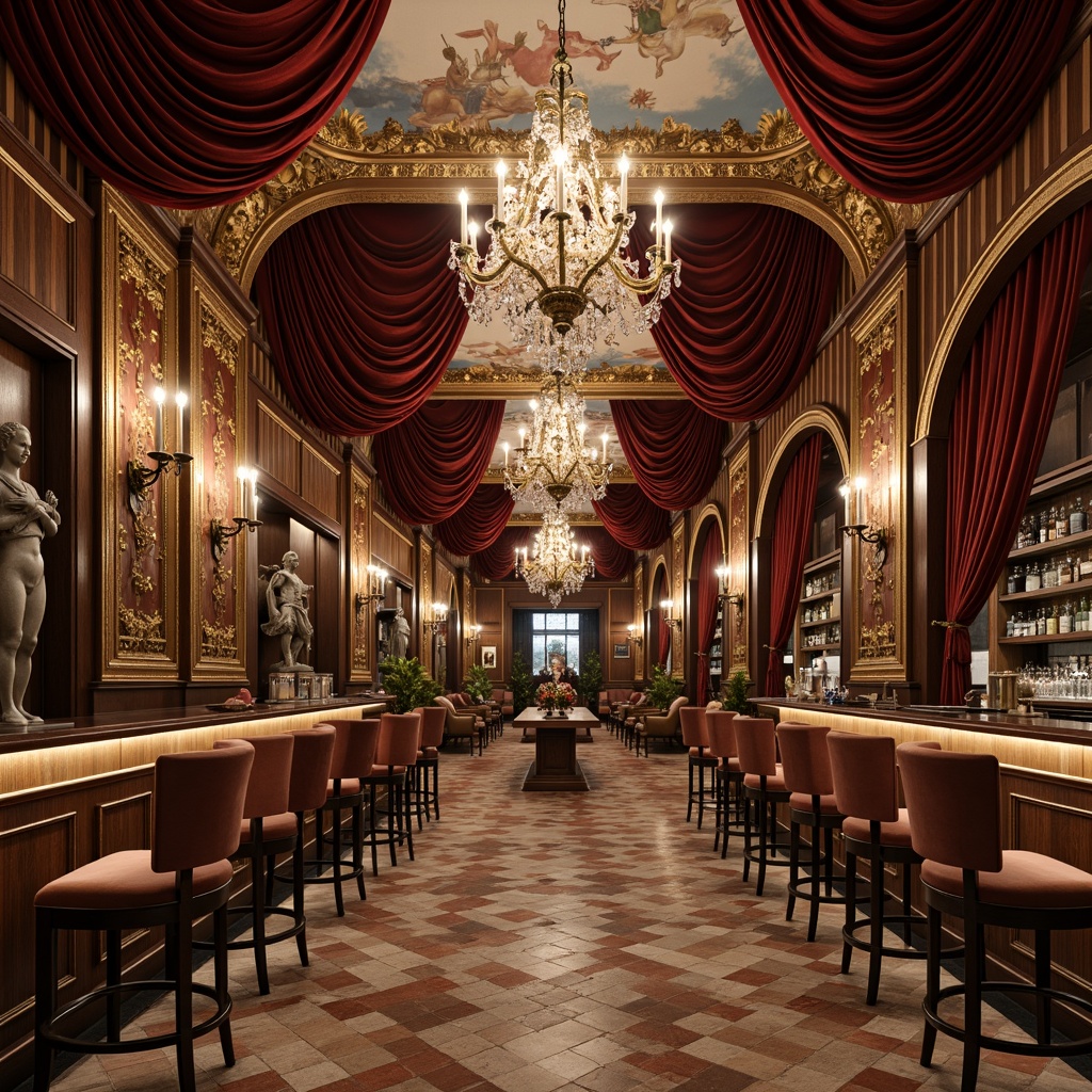 Prompt: Elegant bar counter, ornate wooden carvings, rich velvet drapes, crystal chandeliers, intricate marble flooring, grand archways, luxurious gold accents, opulent fresco ceilings, Renaissance-inspired columns, lavish stone statues, warm candlelight, soft focus, shallow depth of field, 2/3 composition, atmospheric perspective, highly detailed textures, subtle ambient occlusion.