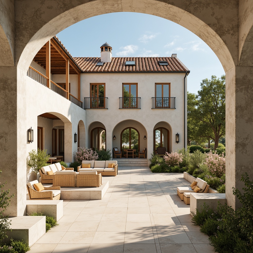 Prompt: Warm Mediterranean villa, white stucco walls, terracotta roof tiles, arched windows, wooden shutters, ornate ironwork, lush greenery, blooming flowers, citrus trees, olive grove, sunny day, soft warm lighting, clerestory windows, high ceilings, light-filled interior, minimal obstructions, reflective surfaces, polished marble floors, creamy stone walls, rustic wood beams, airy open spaces, seamless indoor-outdoor transition, natural textiles, woven wicker furniture, rattan accents, soft pastel colors, calming ambiance, 1/1 composition, shallow depth of field, realistic textures.