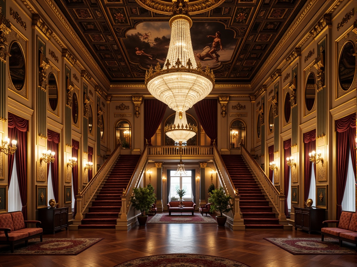 Prompt: Opulent palace interiors, grand chandeliers, ornate mirrors, lavish furnishings, intricate frescoes, golden accents, velvet drapes, majestic staircases, dramatic archways, richly patterned rugs, sparkling crystal prisms, candelabra-style lighting, warm ambient glow, softbox diffused light, high-contrast shadows, 1/1 composition, symmetrical framing, Renaissance-inspired architecture, lavish decorative elements, antique bronze fixtures, intricately carved wood details.