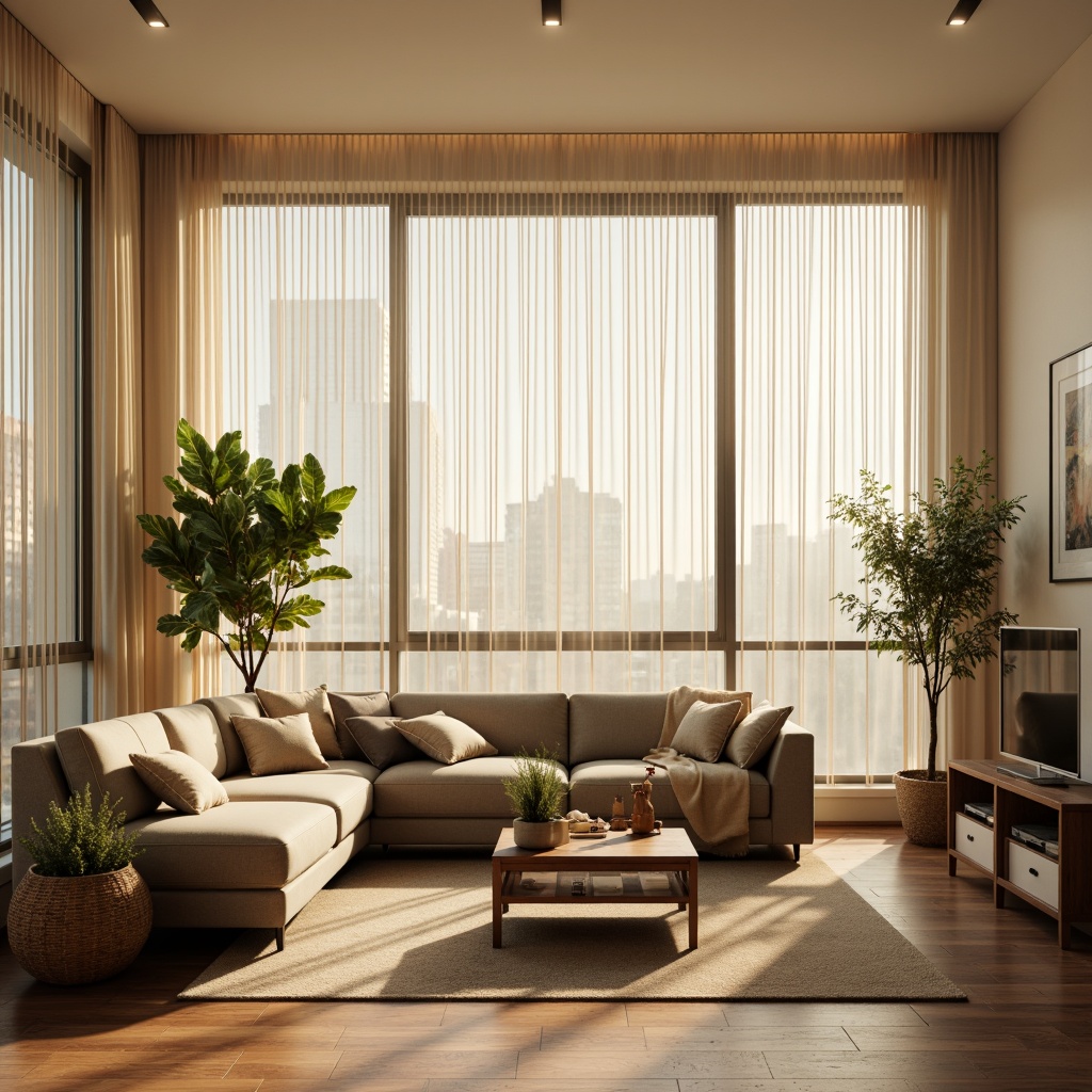 Prompt: Cozy living room, floor-to-ceiling windows, sheer curtains, warm natural light, wooden flooring, minimalist decor, greenery accents, potted plants, soft cream walls, modern furniture, sleek lines, ambient lighting, 1/1 composition, shallow depth of field, realistic textures, subtle shadows.