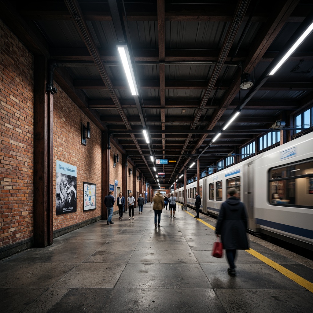 Prompt: Exposed brick walls, industrial metal beams, concrete floors, urban cityscape, busy metropolitan area, modern subway system, sleek train cars, futuristic lighting fixtures, neon signs, advertisements, crowded platforms, rushing pedestrians, steel columns, urban graffiti, distressed textures, high-contrast lighting, dynamic composition, wide-angle lens, gritty atmosphere, realistic renderings.