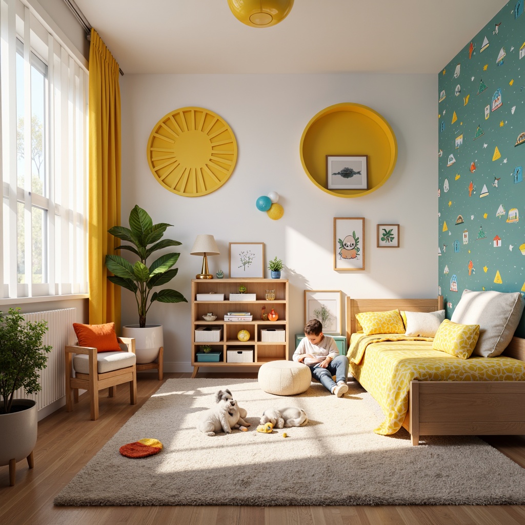 Prompt: Vibrant kids' bedroom, bright pastel colors, soft creamy whites, playful polka dots, whimsical cartoon characters, cozy reading nooks, plush area rugs, wooden furniture, natural oak wood tones, cheerful yellow accents, soothing blue undertones, energetic orange hues, imagination-inspiring wall murals, fun geometric patterns, creative storage bins, lively greenery, sunny afternoon lighting, warm glow lamp shades, shallow depth of field, 1/1 composition, realistic textures, ambient occlusion.