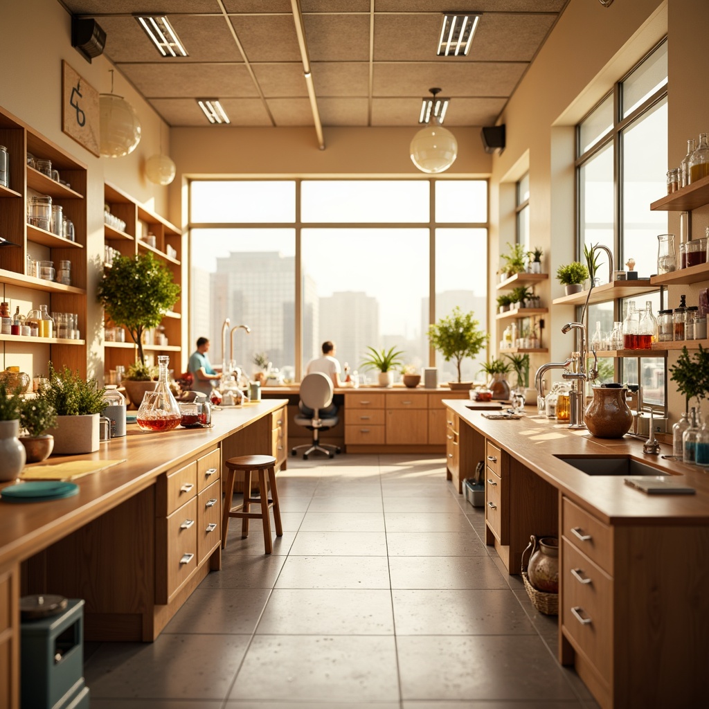 Prompt: Vibrant laboratory interior, warm beige walls, polished wooden workbenches, metallic equipment, glass beakers, colorful chemical solutions, natural light pouring through large windows, soft pastel hues, soothing ambient lighting, 1/2 composition, shallow depth of field, realistic textures, subtle gradients.