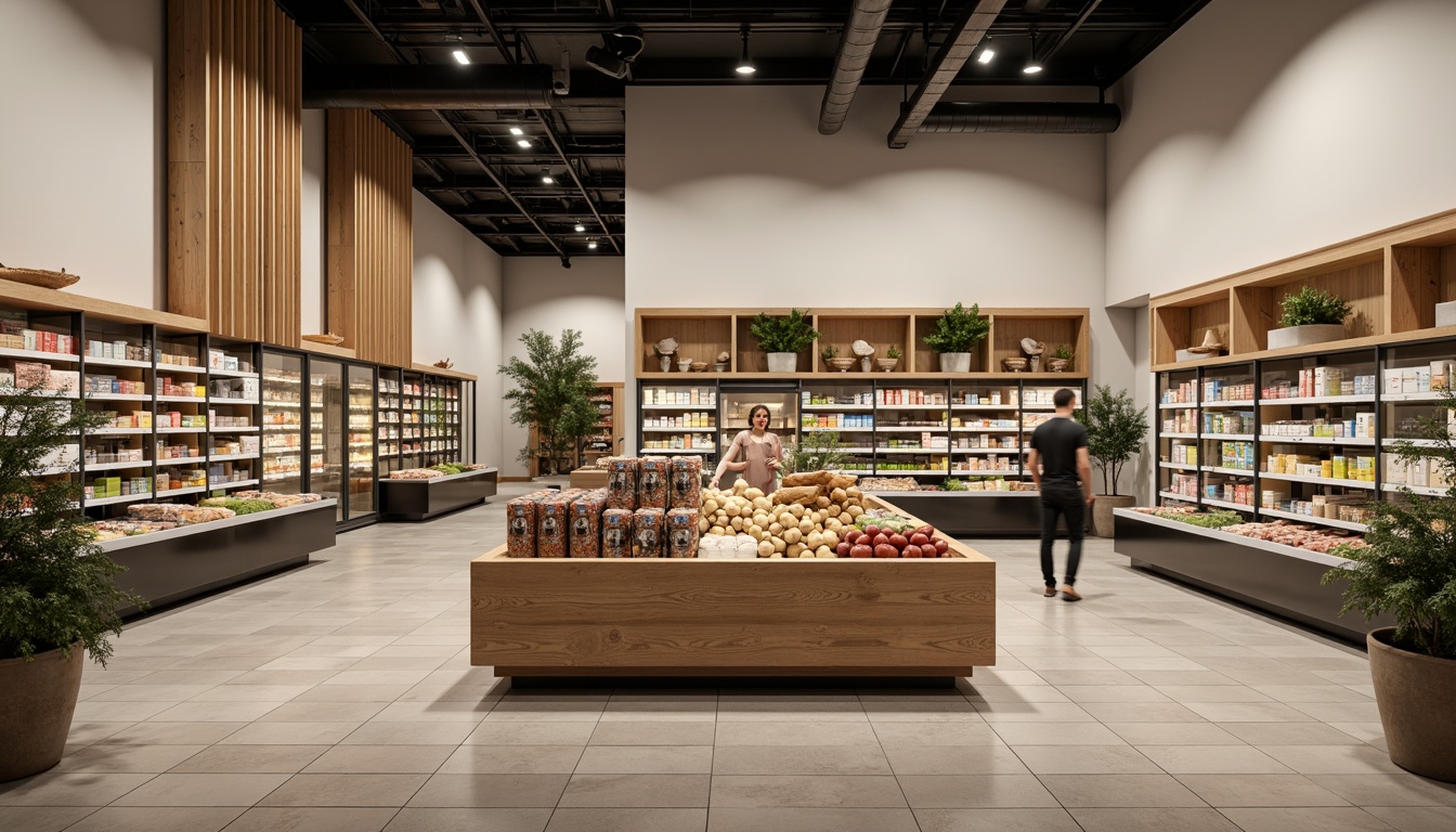 Prompt: Minimalist grocery store interior, soft warm lighting, subtle shadows, natural stone flooring, matte white walls, industrial metal shelving, sleek wooden accents, sparse product displays, modern refrigeration units, LED strip lights, ambient occlusion, shallow depth of field, 2/3 composition, realistic textures, neutral color palette, calm atmosphere, soft focus blur.