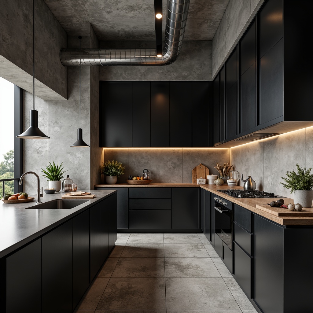 Prompt: Monochromatic kitchen space, industrial concrete walls, polished steel countertops, exposed ductwork, raw wooden accents, matte black cabinets, bold geometric lighting fixtures, brutalist architectural elements, minimal ornamentation, functional simplicity, soft warm ambient lighting, shallow depth of field, 1/1 composition, realistic textures, subtle color palette.