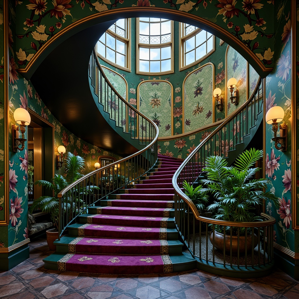 Prompt: Richly ornamented staircase, Art Nouveau style, flowing curves, organic forms, sinuous lines, jewel-toned colors, emerald green, sapphire blue, amethyst purple, gold leaf accents, bronze metalwork, ornate railings, floral patterns, foliage-inspired motifs, luxurious velvet textiles, soft warm lighting, dramatic shadows, 1/2 composition, shallow depth of field, realistic reflections.