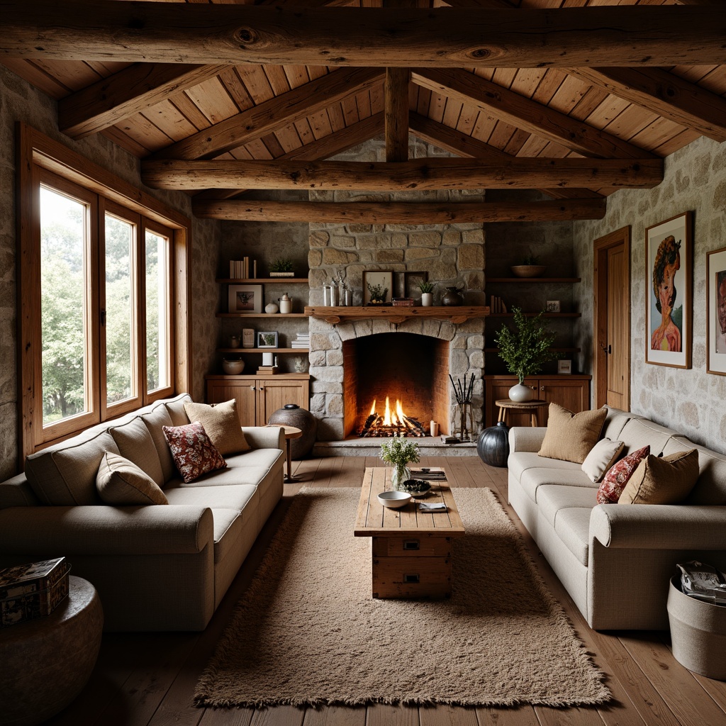 Prompt: Rustic wooden cabin, natural stone walls, earthy color palette, rough-hewn timber beams, cozy fireplace, plush furnishings, vintage decorative items, woven textiles, organic material textures, distressed wood accents, metal hardware, warm ambient lighting, soft focus, shallow depth of field, 2/3 composition, warm color tone, realistic rendering.