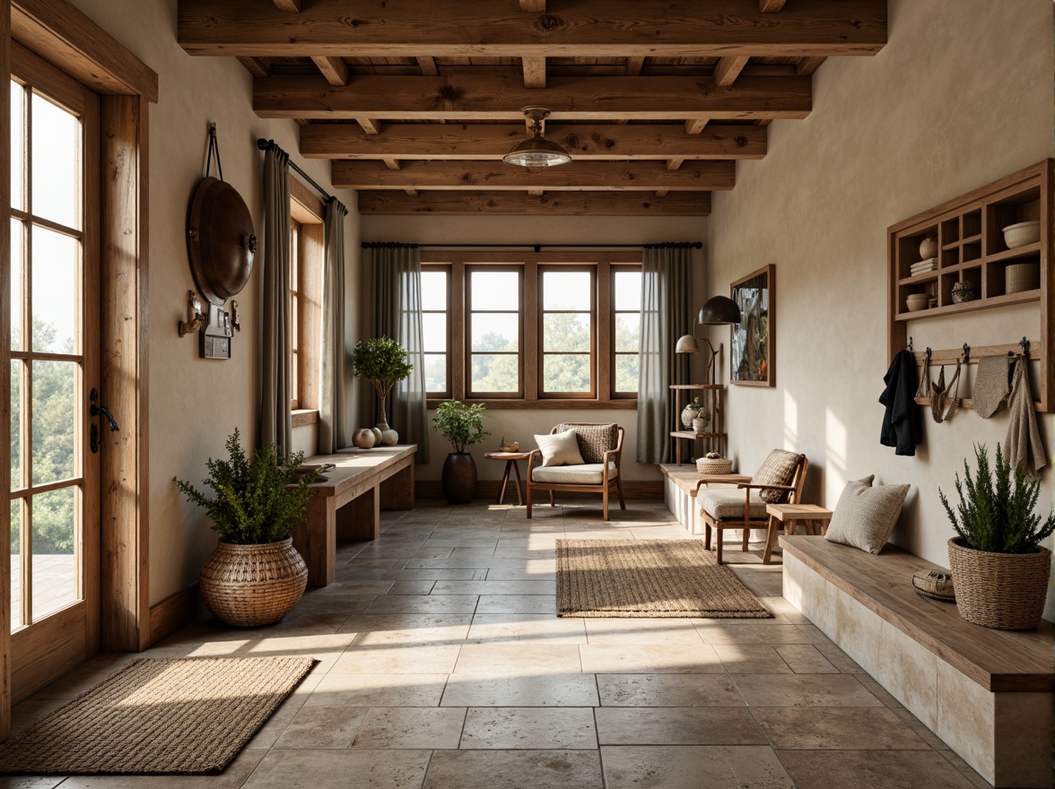 Prompt: Rustic mudroom, farmhouse style, weathered wood accents, natural stone flooring, reclaimed hardwood planks, distressed finishes, earthy tones, warm beige walls, vintage metal decorations, woven baskets, natural fiber rugs, soft warm lighting, shallow depth of field, 3/4 composition, panoramic view, realistic textures, ambient occlusion.