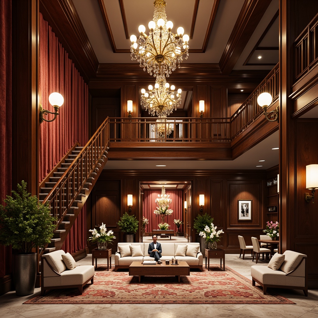 Prompt: Luxurious hotel lobby, rich wood paneling, ornate chandeliers, velvet drapes, elegant furnishings, sophisticated color palette, intricate moldings, marble floors, grand staircase, refined upholstery, classic patterns, subtle textures, warm ambient lighting, soft focus, shallow depth of field, 2/3 composition, realistic render, high-end materials, opulent decorations.