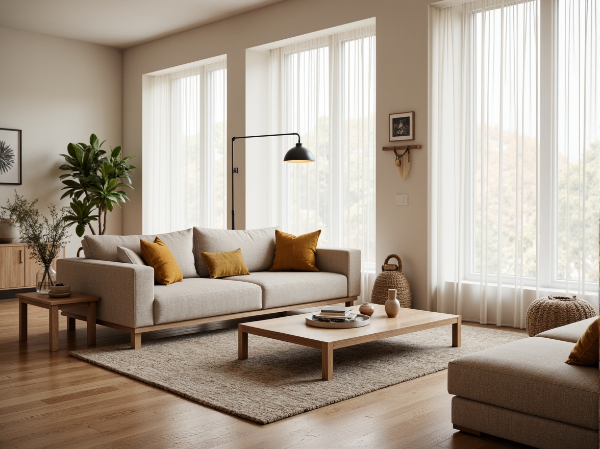 Prompt: Cozy living room, minimalist furniture, Scandinavian design, light wood tones, natural textiles, beige sofas, sleek coffee tables, industrial lamps, floor-to-ceiling windows, sheer white curtains, subtle patterned rugs, soft warm lighting, shallow depth of field, 2/3 composition, realistic textures, ambient occlusion, modern architecture, Nordic-inspired accents, simplicity-driven decor.