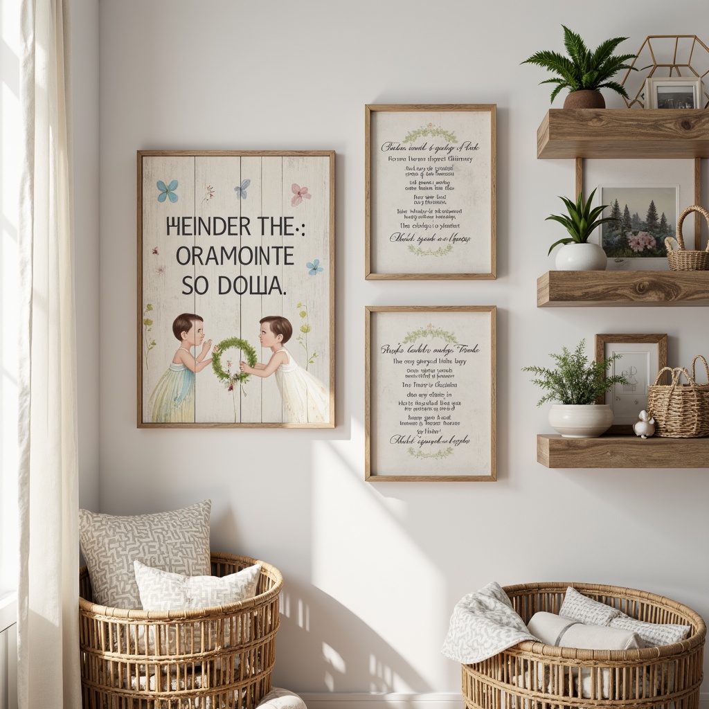 Prompt: Rustic wooden wall art, vintage baby blocks, distressed finish, soft pastel colors, natural fabrics, woven baskets, floral patterns, greenery accents, reclaimed wood shelves, antique metal frames, watercolor-style illustrations, nursery rhyme quotes, creamy whites, warm beige tones, natural light pouring in, airy feel, 1/2 composition, intimate atmosphere, realistic textures, ambient occlusion.