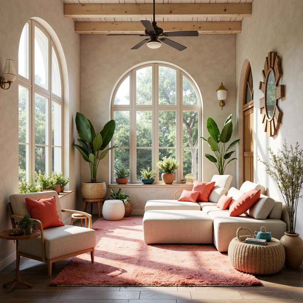 Prompt: Vibrant pastel colors, soft peach tones, creamy whites, rich turquoise accents, bold coral hues, fresh mint greenery, warm beige backgrounds, subtle golden metallics, natural textures, eclectic patterns, bohemian-inspired decor, airy open spaces, abundant natural light, shallow depth of field, 1/1 composition, realistic renderings.