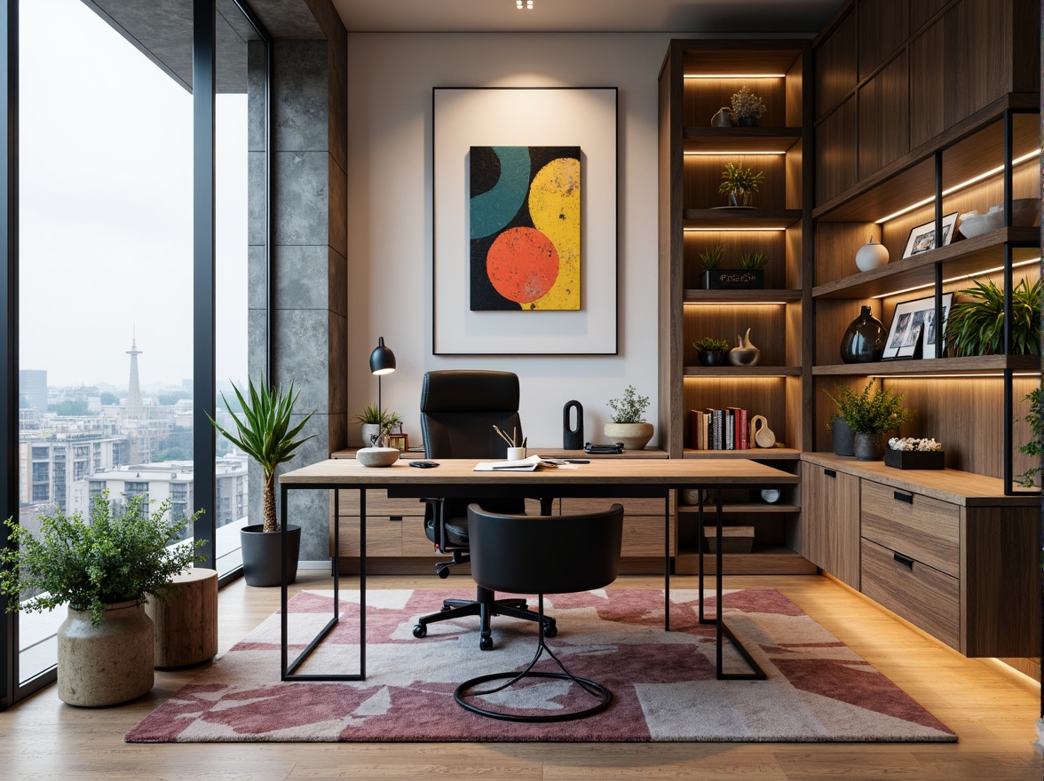 Prompt: Modern home office, sleek desk, ergonomic chair, minimalist decor, industrial metal legs, reclaimed wood top, built-in shelving, geometric patterns, floor-to-ceiling windows, natural light, cityscape view, urban atmosphere, abstract artwork, vibrant color accents, soft area rug, task lighting, adjustable monitor arm, compact storage solutions, wire management systems, rustic wooden accents, 1/1 composition, warm ambient lighting, realistic textures.