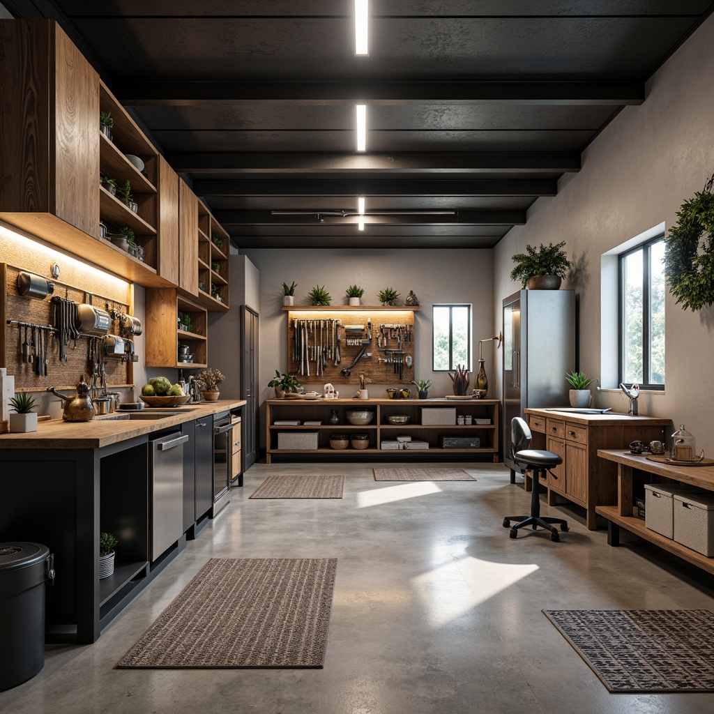 Prompt: Minimalist garage, sleek metal workbench, industrial-style lighting, polished concrete floor, organized tool storage, rustic wooden cabinets, stainless steel countertops, modern ergonomic stool, functional shelving units, geometric-patterned floor mats, warm white LED lighting, shallow depth of field, 1/1 composition, realistic metallic textures, ambient occlusion.