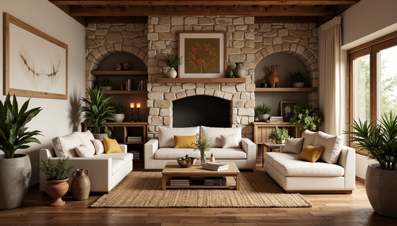 Prompt: Earthy living room, natural stone walls, reclaimed wood furniture, woven jute rugs, potted plants, earthy terracotta pots, warm beige sofas, comfortable linen upholstery, soft cream curtains, rustic wooden shelves, vintage decorative items, warm candle lighting, cozy reading nooks, 1/1 composition, shallow depth of field, realistic textures, ambient occlusion.