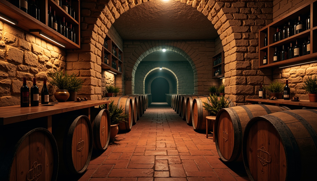 Prompt: Mysterious wine cellar, rich wood tones, stone walls, dimly lit atmosphere, warm golden lighting, rustic metal accents, earthy terracotta floors, bold expressive brushstrokes, vibrant crimson reds, deep indigo blues, rich emerald greens, luxurious velvety textures, ornate wooden barrels, ancient vintage wine bottles, subtle misty effects, cinematic chiaroscuro, 1/2 composition, warm color grading, ambient occlusion.