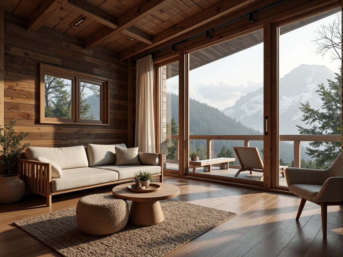 Prompt: Rustic Nordic cabin, wooden accents, natural textures, earthy tones, minimalist decor, eco-friendly materials, reclaimed wood, bamboo flooring, woven textiles, organic patterns, soft warm lighting, cozy atmosphere, snow-capped mountains, serene forest surroundings, misty morning, shallow depth of field, 1/2 composition, realistic renderings, subtle color palette.