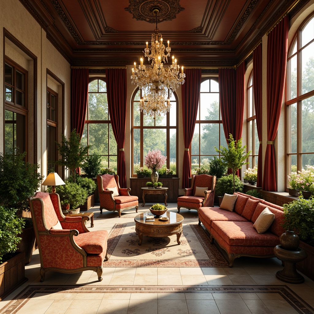 Prompt: Elegant sunroom, ornate wooden furniture, intricate carvings, lavish velvet drapes, sparkling crystal chandeliers, polished marble floors, lush greenery, blooming flowers, natural stone walls, stained glass windows, warm golden lighting, soft diffused shadows, shallow depth of field, 1/2 composition, panoramic view, realistic textures, ambient occlusion.