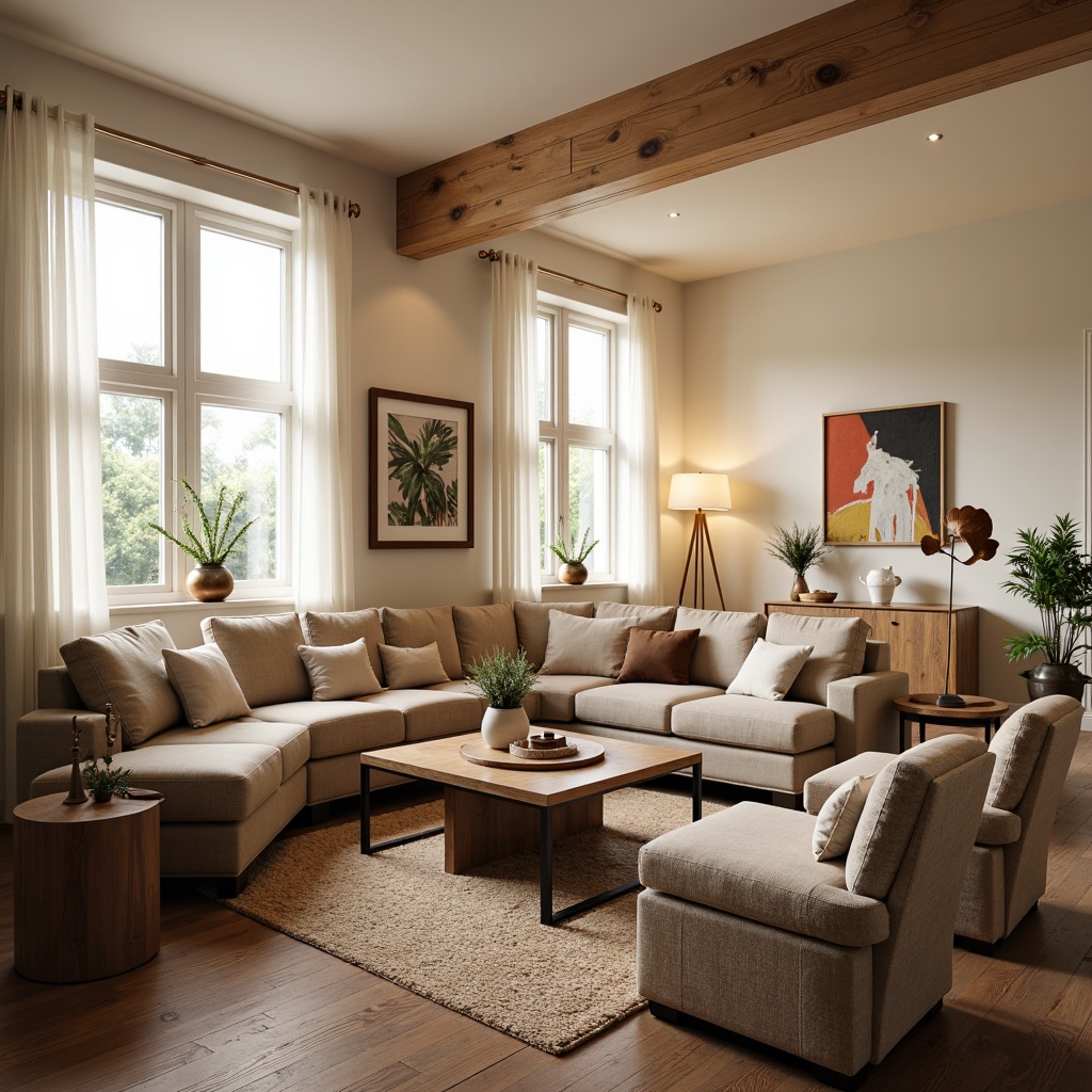 Prompt: Cozy living room, plush sectional sofa, wooden coffee table, vintage armchairs, soft cushions, warm beige walls, dark hardwood floors, floor-to-ceiling windows, sheer white curtains, natural daylight, ambient warm lighting, 1/1 composition, shallow depth of field, realistic textures, modern minimalist decor, greenery accents, decorative vases, abstract artwork, soft pastel colors, inviting atmosphere.