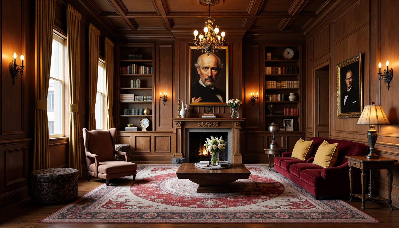 Prompt: Elegant study, rich wood tones, comfortable seating, plush velvet armchairs, wooden bookshelves, floor lamps, soft warm lighting, traditional rug patterns, earthy color palette, ornate mirrors, classic artwork, leather-bound books, sophisticated decor, subtle textures, 1/1 composition, realistic reflections, ambient occlusion.