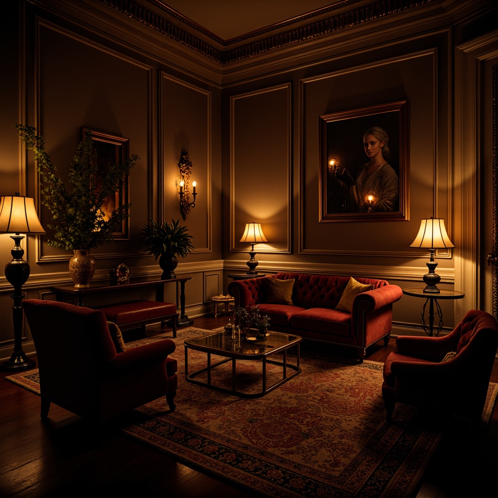 Prompt: Luxurious living room, dark leather upholstery, velvet fabrics, rich wood accents, dimmable floor lamps, warm golden lighting, cozy atmosphere, intimate seating arrangement, ornate metal frames, mysterious shadows, cinematic color palette, low-key ambiance, 1/1 composition, dramatic contrast, realistic reflections, ambient occlusion.