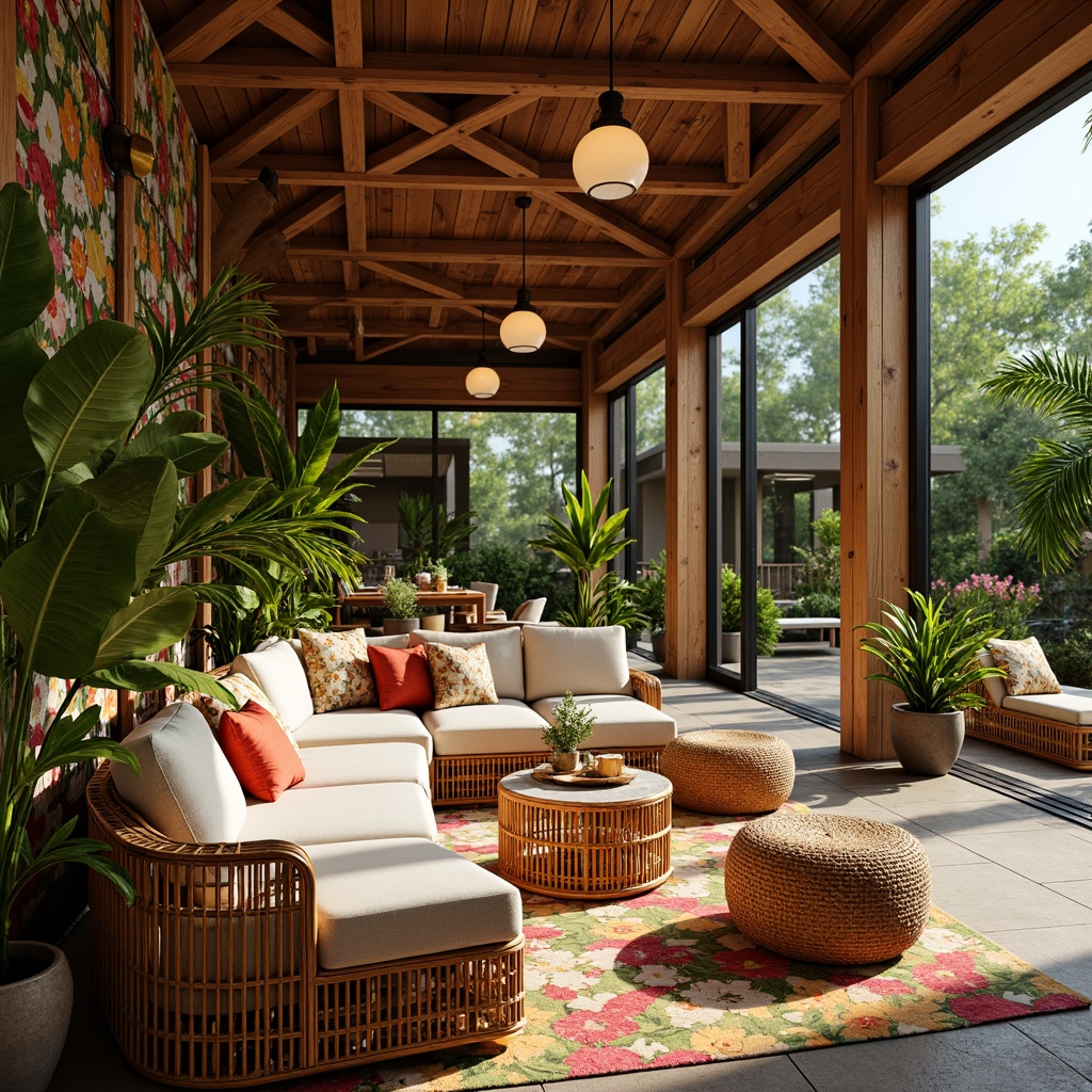 Prompt: Warm tropical ambiance, natural wood accents, woven rattan furniture, lush greenery, vibrant floral patterns, soft warm lighting, LED string lights, lantern-style pendant lamps, rustic metal fixtures, cozy reading nooks, plush textiles, colorful throw pillows, statement wallpaper, large windows, sliding glass doors, outdoor courtyard, tropical plants, sunny day, shallow depth of field, 3/4 composition, realistic textures, ambient occlusion.