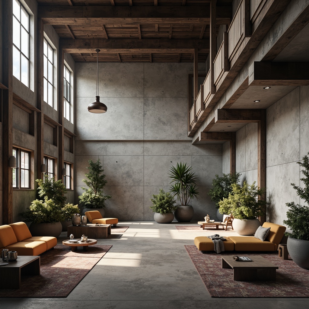 Prompt: Raw concrete walls, industrial metal beams, reclaimed wood accents, minimalist decor, brutalist furniture, geometric patterns, bold color schemes, high ceilings, open floor plans, dramatic lighting fixtures, ambient shadows, atmospheric haze, shallow depth of field, 1/2 composition, cinematic framing, realistic textures, volumetric rendering.