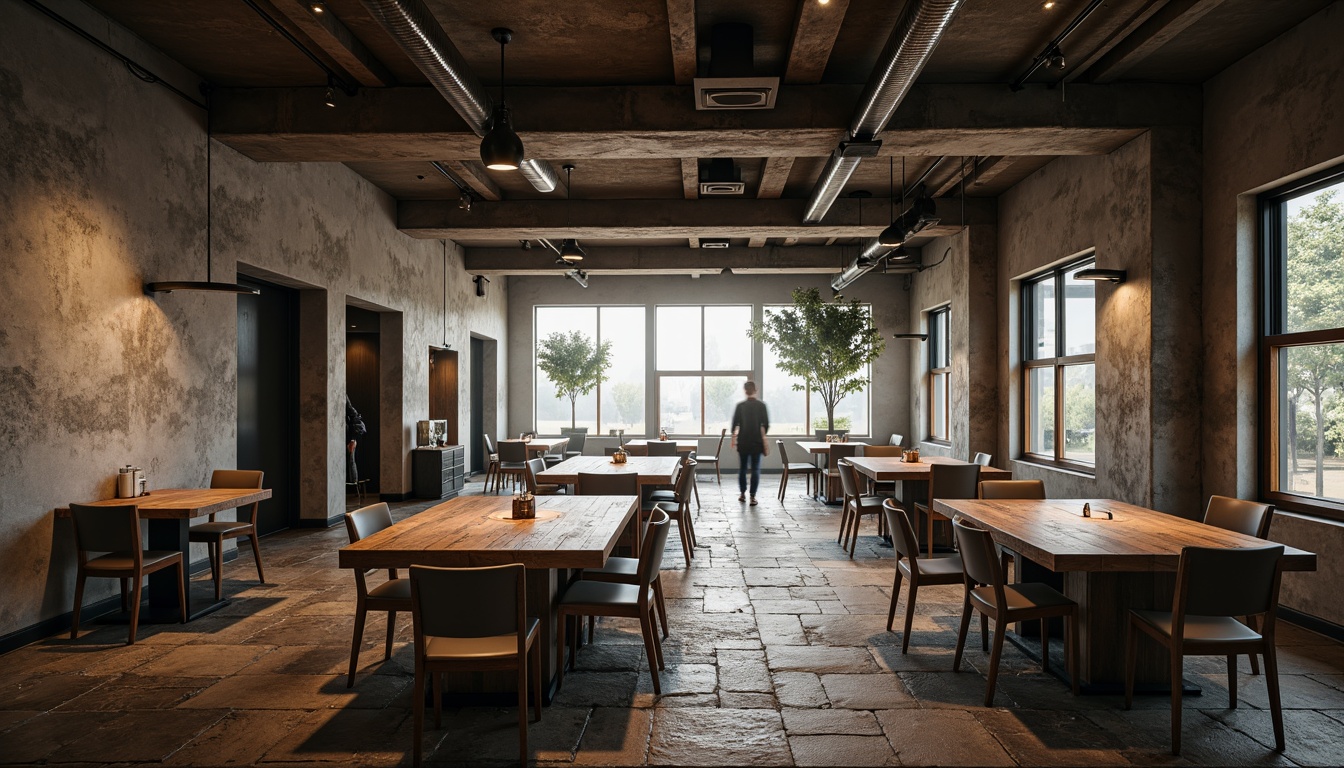 Prompt: Rugged brutalist dining room, raw concrete walls, exposed ductwork, industrial metal beams, reclaimed wood furniture, chunky stone flooring, oversized wooden tables, minimalist chairs, bold geometric patterns, muted earthy tones, dramatic shadows, warm ambient lighting, cinematic composition, low-angle shot, rustic textures, atmospheric mist.