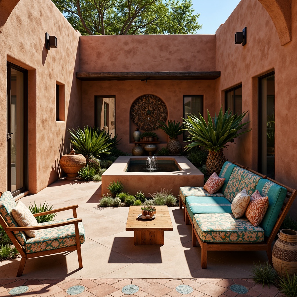 Prompt: Vibrant turquoise accents, rustic wooden furniture, woven Navajo patterns, adobe-inspired architecture, warm terracotta walls, ornate metalwork, colorful ceramic tiles, desert botanicals, cacti, succulents, sun-kissed courtyard, Spanish-style fountain, rustic stone pathways, earthy color palette, textured stucco finish, geometric tile work, tribal print fabrics, natural fiber textiles, warm golden lighting, soft shadows, 3/4 composition, realistic textures, ambient occlusion.