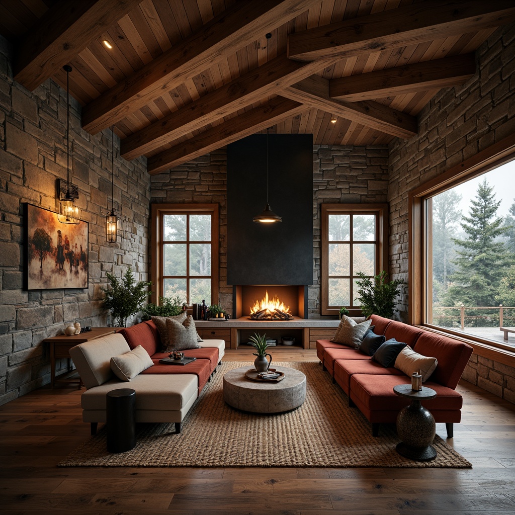 Prompt: Rustic modern cabin, wooden accents, stone walls, earthy tones, natural textures, rough-hewn beams, reclaimed wood floors, woven fiber rugs, plush velvet furnishings, metallic accents, industrial lighting fixtures, moody atmospheric lighting, shallow depth of field, 1/1 composition, cinematic mood, highly detailed normal maps, ambient occlusion.