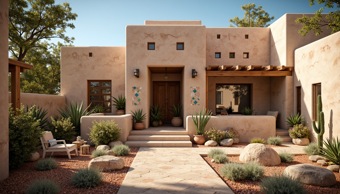 Prompt: Earthy adobe walls, rough-hewn stones, sandy beige texture, rustic wooden accents, turquoise inlays, vibrant colorful tiles, woven Native American patterns, warm terracotta hues, distressed finishes, natural clay materials, desert botanicals, cacti silhouettes, clear blue skies, warm sunny days, dramatic shadows, high-contrast lighting, 1/2 composition, shallow depth of field, realistic textures.