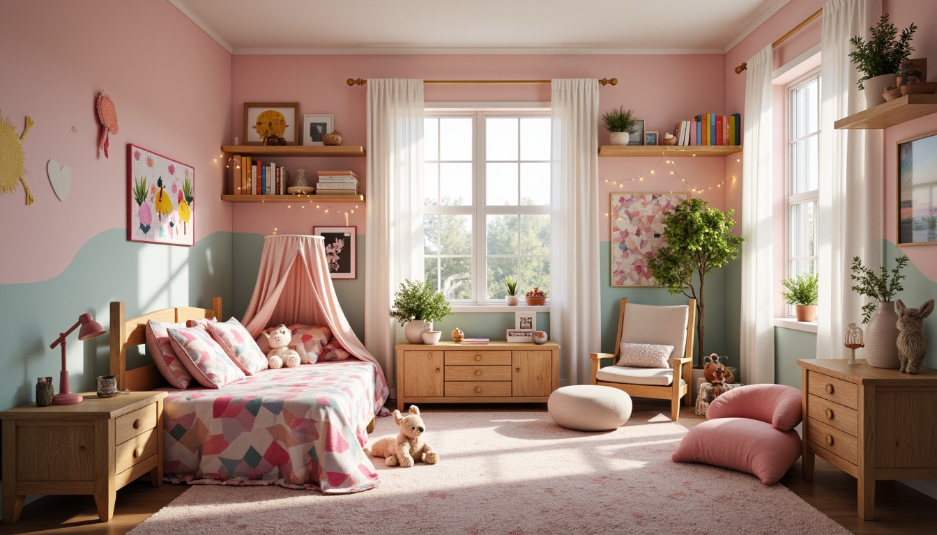 Prompt: Whimsical children's bedroom, pastel-colored walls, soft plush carpeting, cuddly stuffed animals, vibrant patterned bedding, fairy lights, canopy drapes, wooden furniture, decorative wall shelves, colorful book collections, fun geometric-shaped decorations, playful textile patterns, cozy reading nook, warm gentle lighting, 1/1 composition, intimate atmosphere, realistic textures, subtle ambient occlusion.