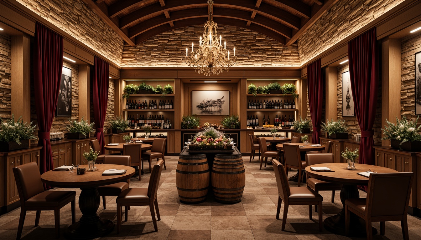 Prompt: Elegant wine cellar, rustic stone walls, dimmed warm lighting, rich wood tones, comfortable seating areas, wooden wine barrels, metal wine racks, glass-enclosed wine storage, ambient soft music, luxurious velvet drapes, ornate chandeliers, classic wooden tables, plush leather armchairs, floor-to-ceiling shelves, decorative wine-themed artwork, sophisticated color schemes, low-height cabinets, freestanding wine coolers, temperature-controlled environments, 1/2 composition, shallow depth of field, realistic wood textures, subtle ambient occlusion.