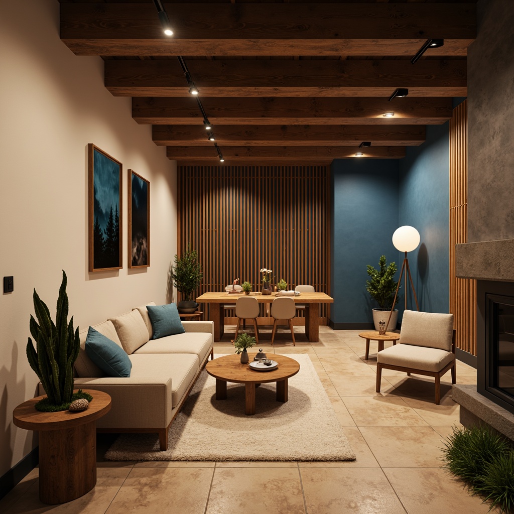 Prompt: Cozy basement, warm earthy tones, rich wood accents, soft cream walls, deep blue undertones, warm beige flooring, rustic stone textures, industrial metal beams, modern minimalistic lighting, ambient warm glow, shallow depth of field, 1/1 composition, realistic renderings, atmospheric misting effects.