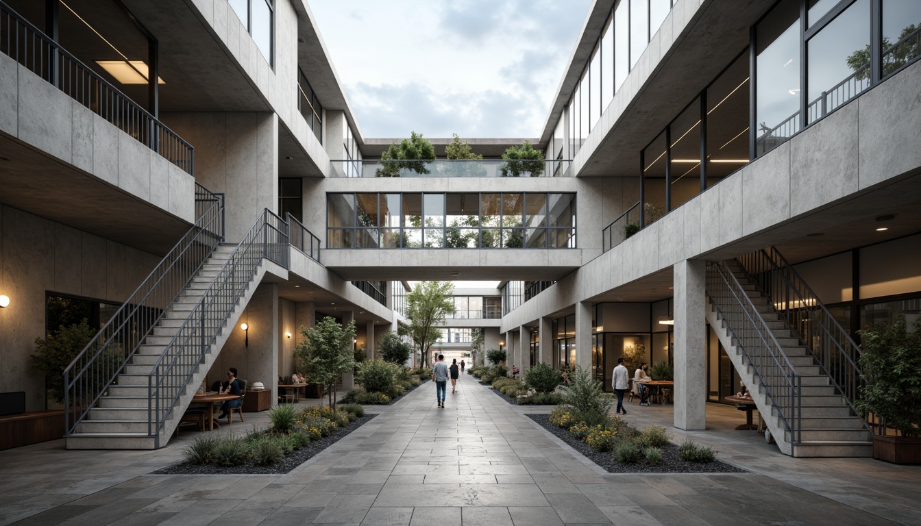 Prompt: Bauhaus building, rectangular forms, industrial materials, exposed ductwork, minimalist interior, neutral color palette, natural light diffusion, softbox lighting, ambient shadows, subtle textures, geometric patterns, metal staircases, functional design, open floor plans, collaborative workspaces, modernist aesthetic, urban surroundings, cloudy day, high contrast ratio, 1/2 composition, atmospheric perspective, realistic renderings.