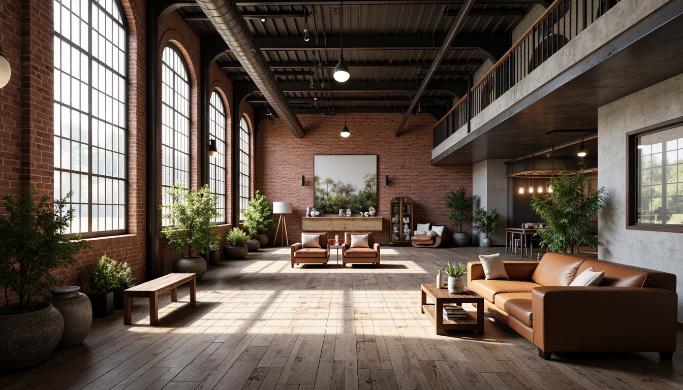 Prompt: Exposed brick walls, metal beams, reclaimed wood floors, industrial-style lighting fixtures, distressed finishes, urban loft atmosphere, converted warehouse space, modern minimalist decor, functional raw concrete surfaces, steel windows, mechanical pipes, vintage factory equipment, worn leather furniture, rusty metal accents, Edison bulb pendant lights, neutral color palette, high ceilings, open floor plan, natural light pouring in, shallow depth of field, 1/1 composition, realistic textures, ambient occlusion.